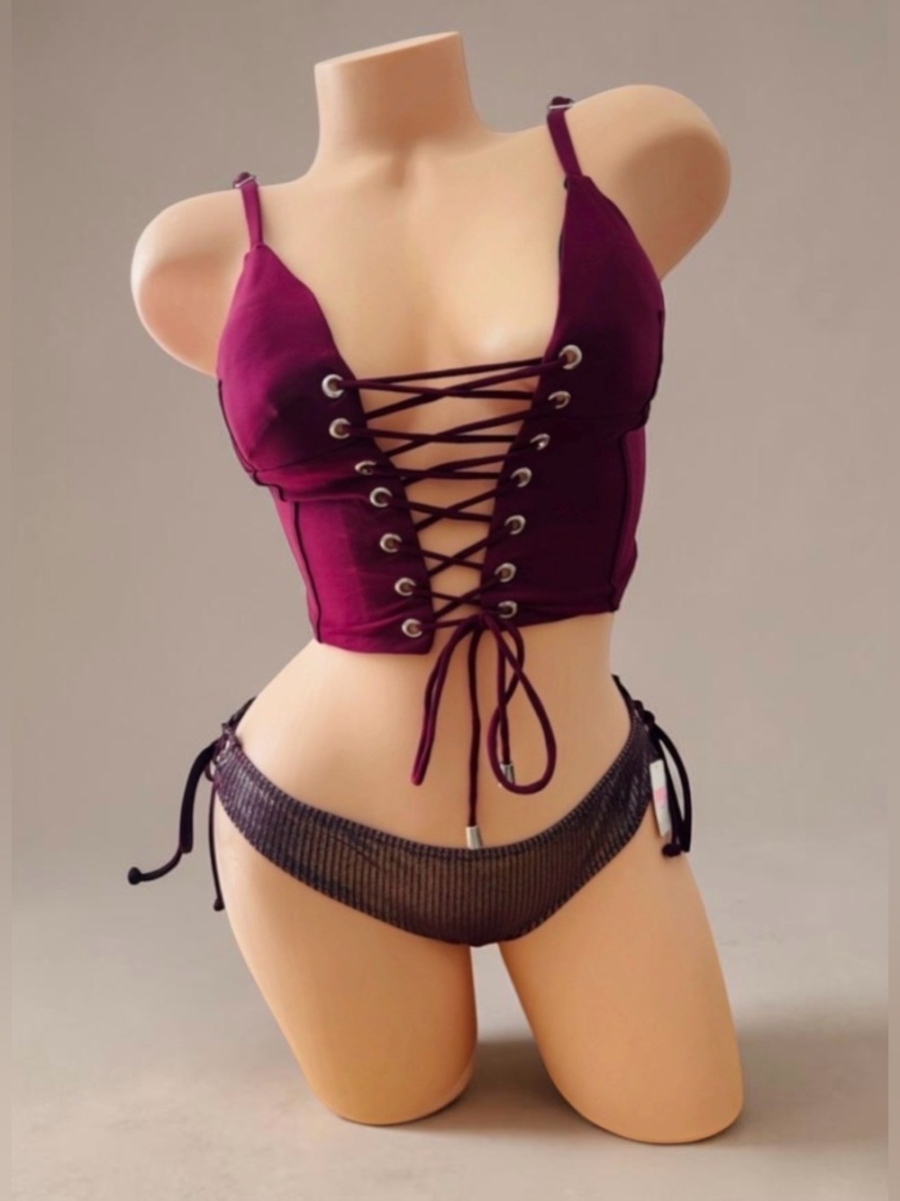 B FYNE Tahlia Lace Up Corset Swim Top & VS Pink Bikini Bottom Burgundy S